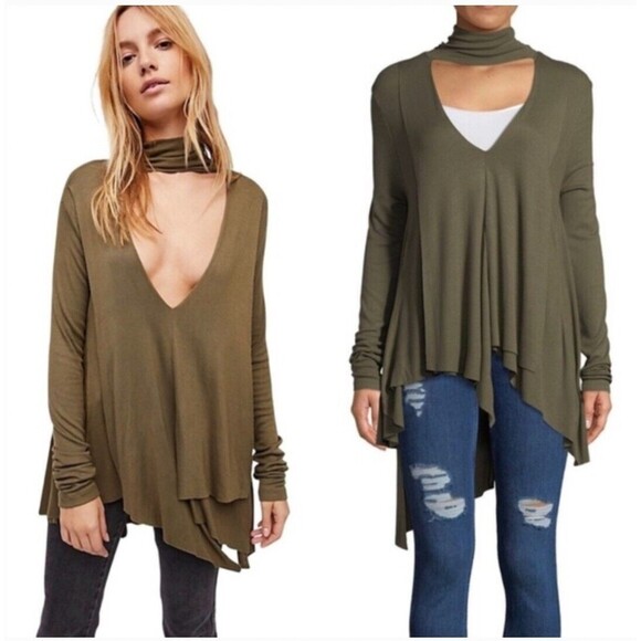 Free People Womens Medium Uptown Turtleneck Top in Army Green Long Sleeve Tunic - Picture 1 of 9